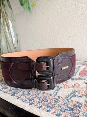 Burberry Wide Dual-Buckle Equestrian Leather Suede Waist Belt in eggplant
